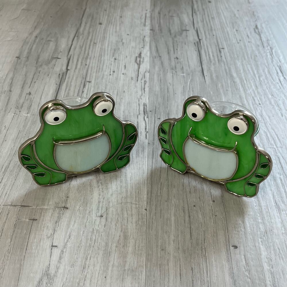 Stained Glass Metal Green Frog Tea Light Votive Candle Holder Pair